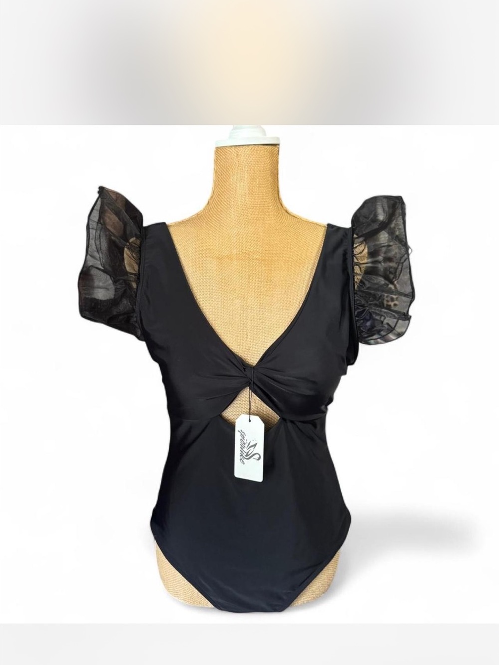 Black Puff Sleeve One-Piece Swimsuit with Front Twist